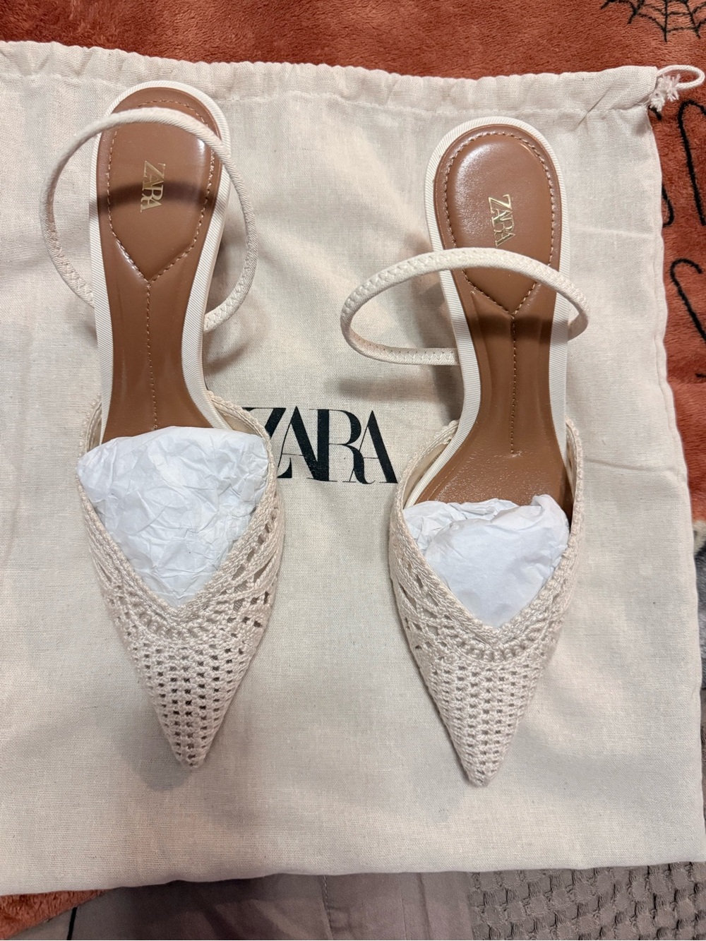Zara Cream Crochet Pointed Sling Heels